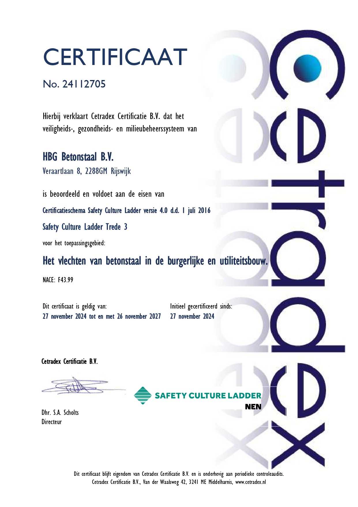 Safety Culture Ladder certificaat HBG Betonstaal B.V.